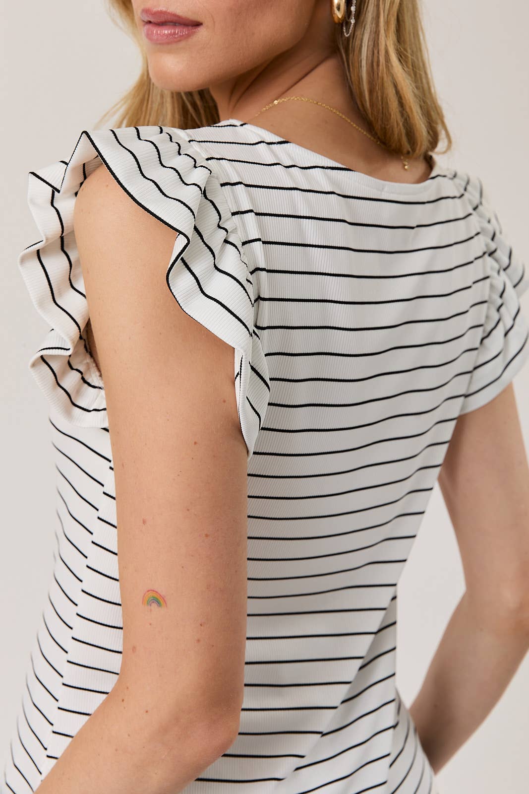 Boat Neck Ruffle Cap Sleeve Top - White/Black