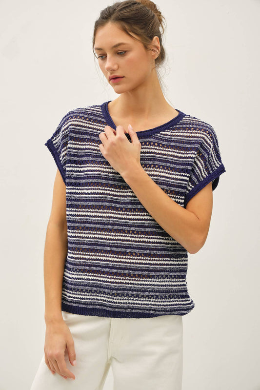Striped Crochet Sweater Top - Navy