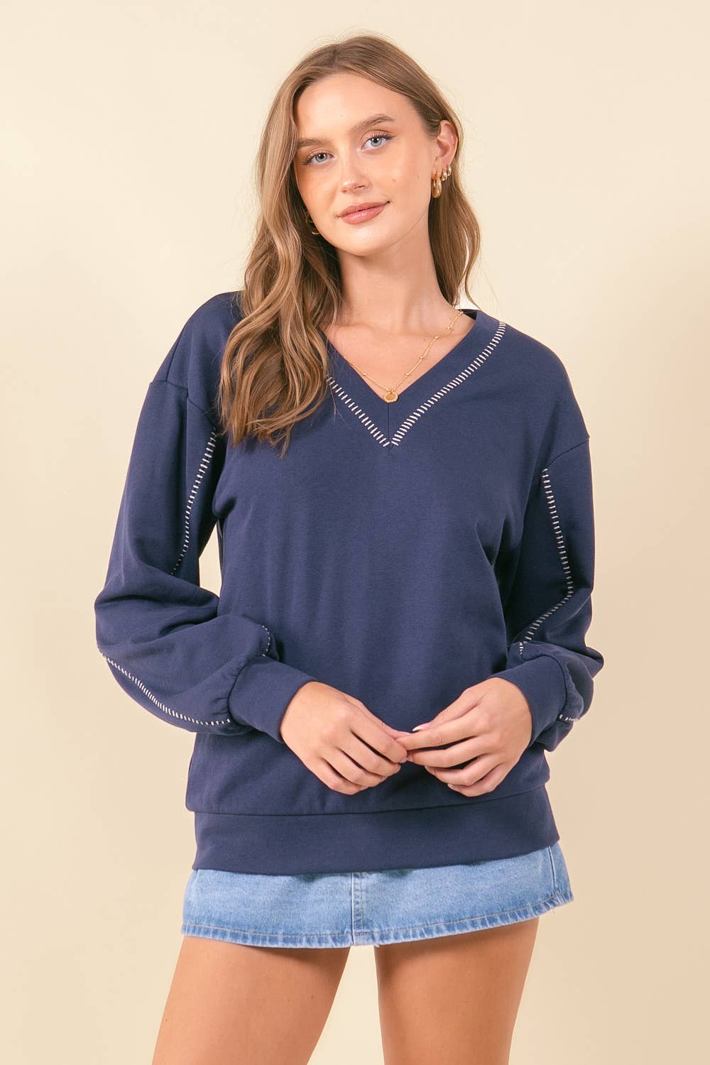 French Terry V-Neckline Oversized Sweatshirt - NAVY