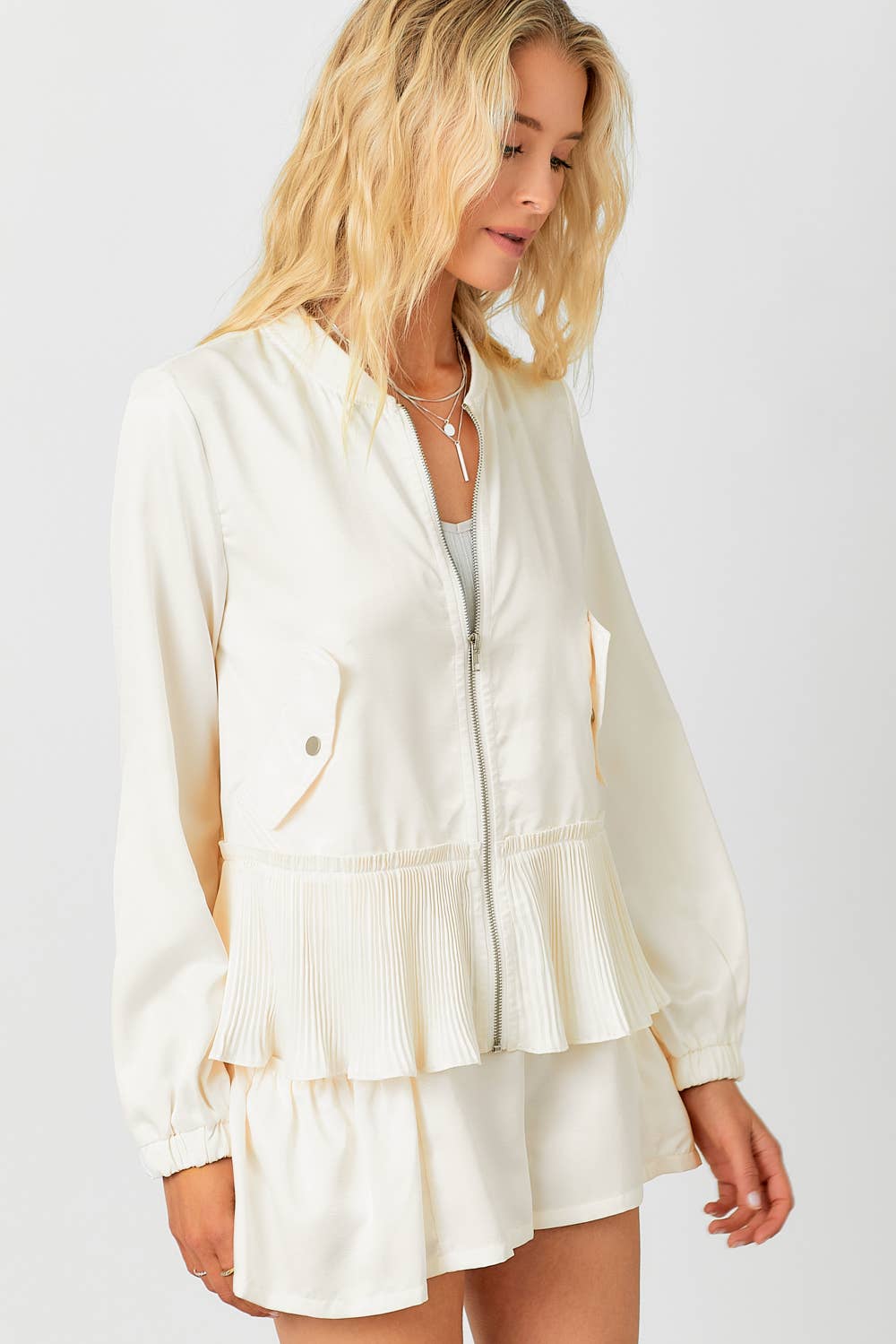 Peplum Hem Bomber Jacket: Off White