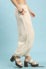 Linen Blend Scallop Hem Pants - Oatmeal