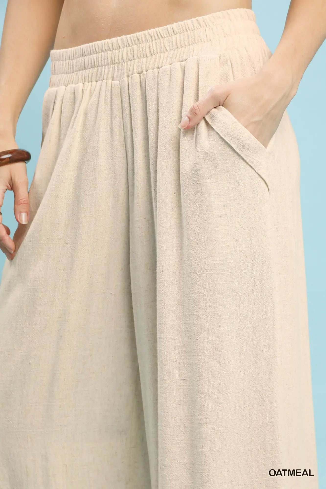 Linen Blend Scallop Hem Pants - Oatmeal