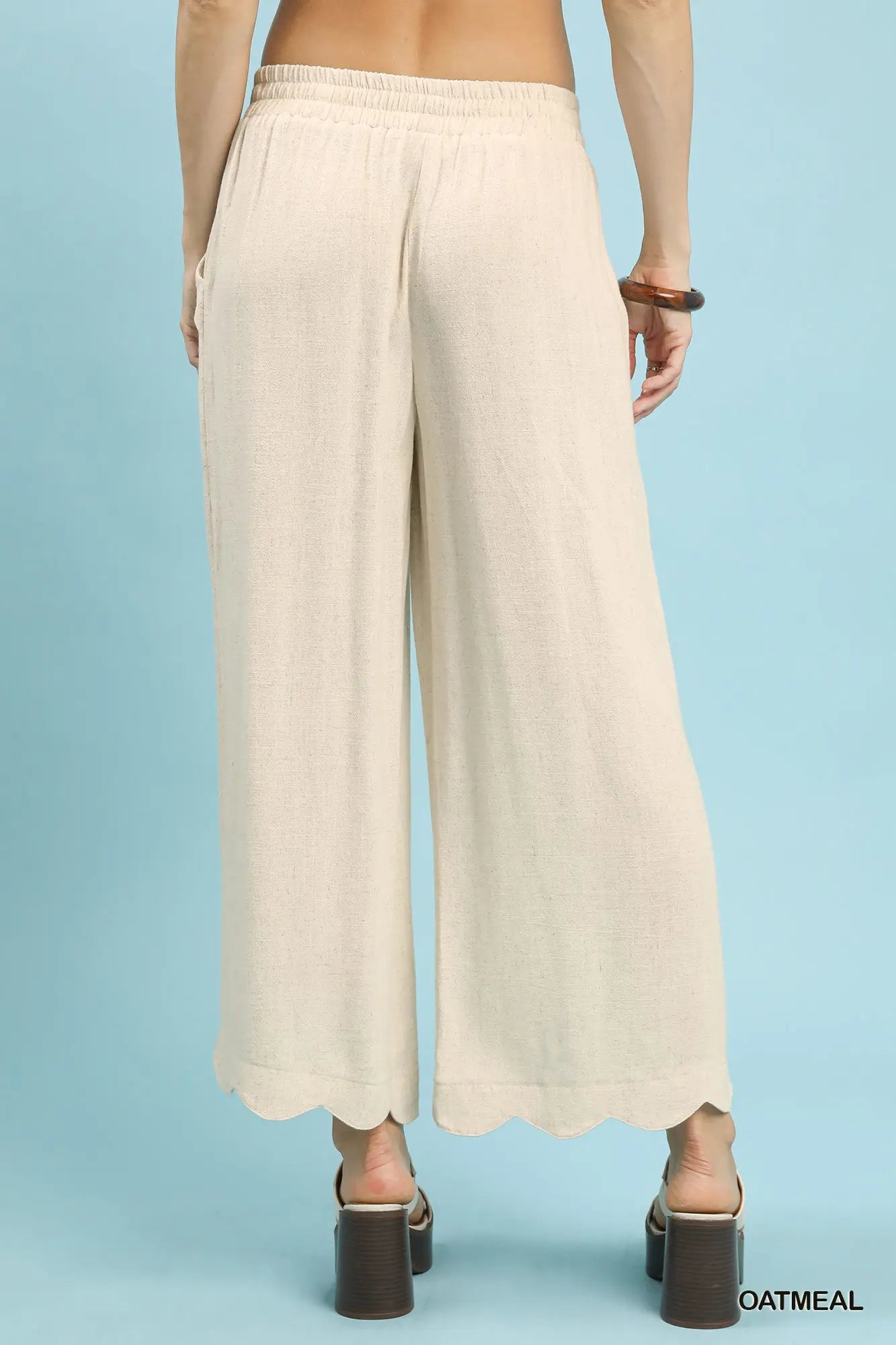Linen Blend Scallop Hem Pants - Oatmeal