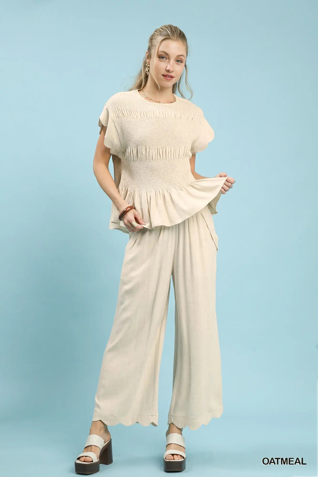 Linen Blend Scallop Hem Pants - Oatmeal