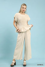 Linen Blend Scallop Hem Pants - Oatmeal