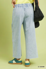 Stone Wash Stripe Wide-Leg Pants - Light Denim