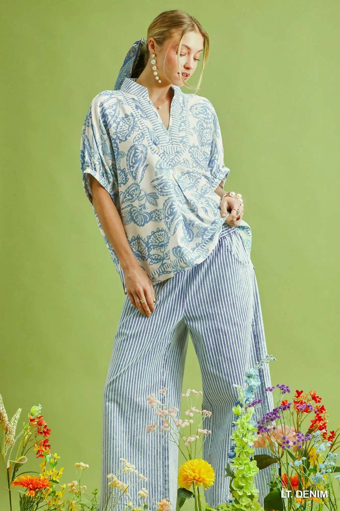 Stone Wash Stripe Wide-Leg Pants - Light Denim