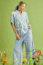 Stone Wash Stripe Wide-Leg Pants - Light Denim