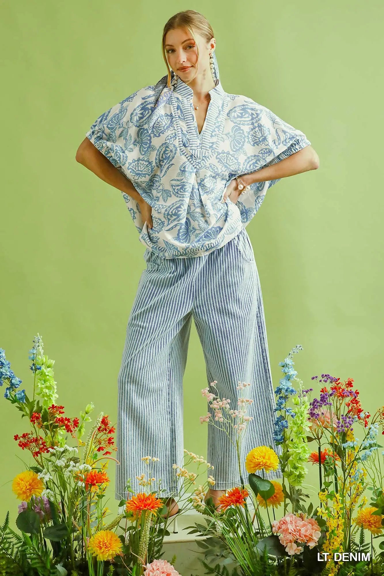 Stone Wash Stripe Wide-Leg Pants - Light Denim