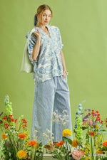 Stone Wash Stripe Wide-Leg Pants - Light Denim