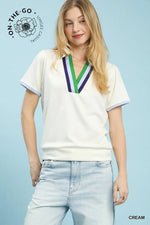 V-Neck Contrast Trim Short Sleeve - Cream