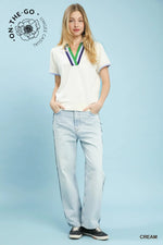 V-Neck Contrast Trim Short Sleeve - Cream