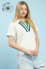 V-Neck Contrast Trim Short Sleeve - Cream