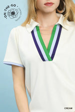 V-Neck Contrast Trim Short Sleeve - Cream