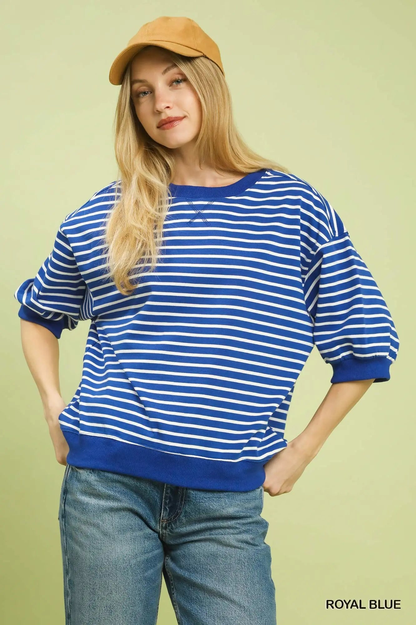 Striped Short Sleeve Pullover Top - Royal Blue