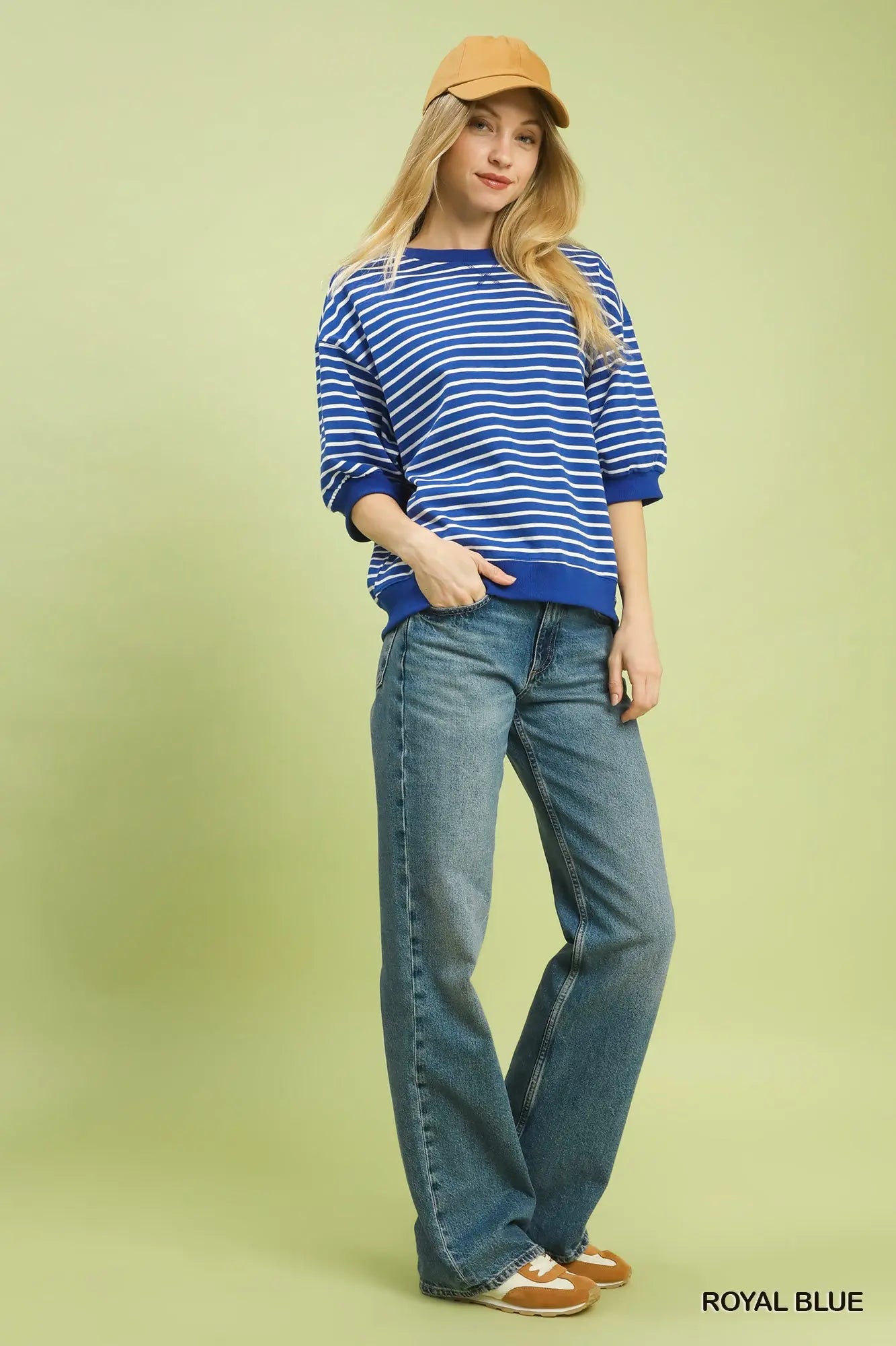 Striped Short Sleeve Pullover Top - Royal Blue