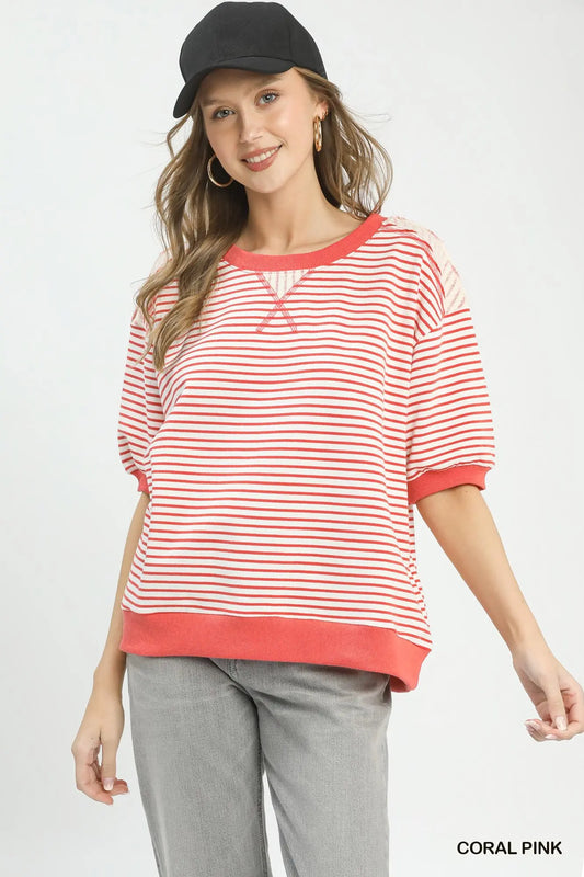 Striped Knit Short Sleeve Casual Top - Coral