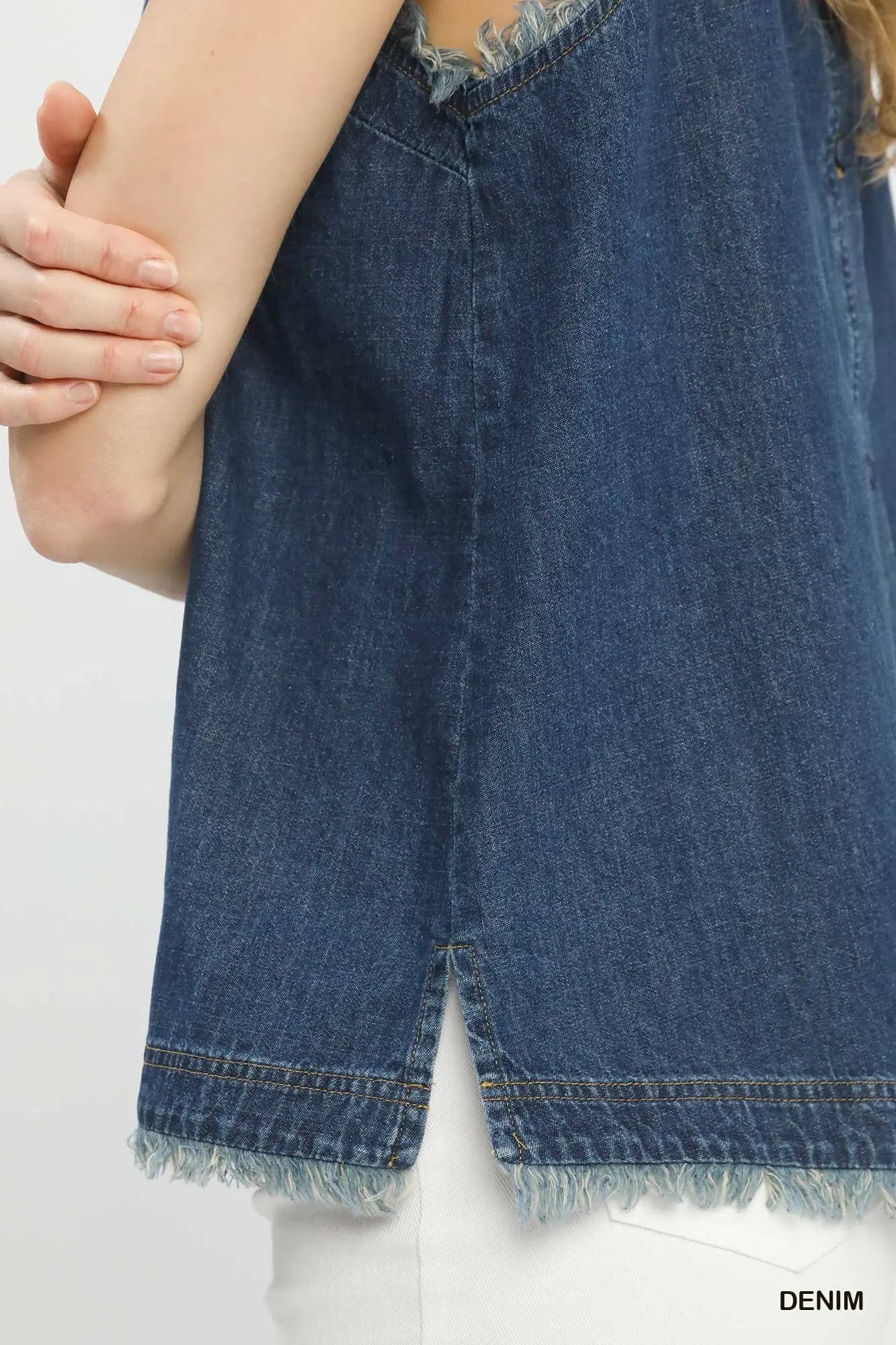Denim Sleeveless Fringe Hem Top