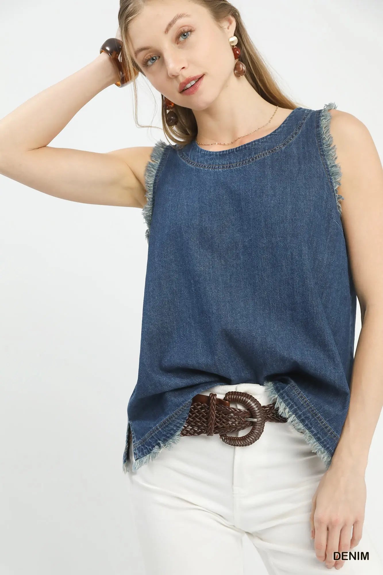 Denim Sleeveless Fringe Hem Top