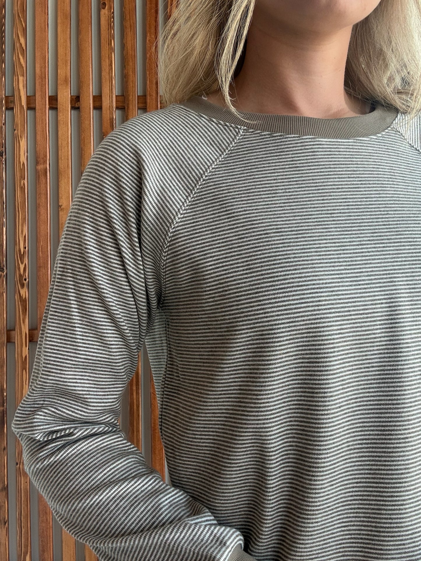 Crew Neck Pinstriped Top- Taupe