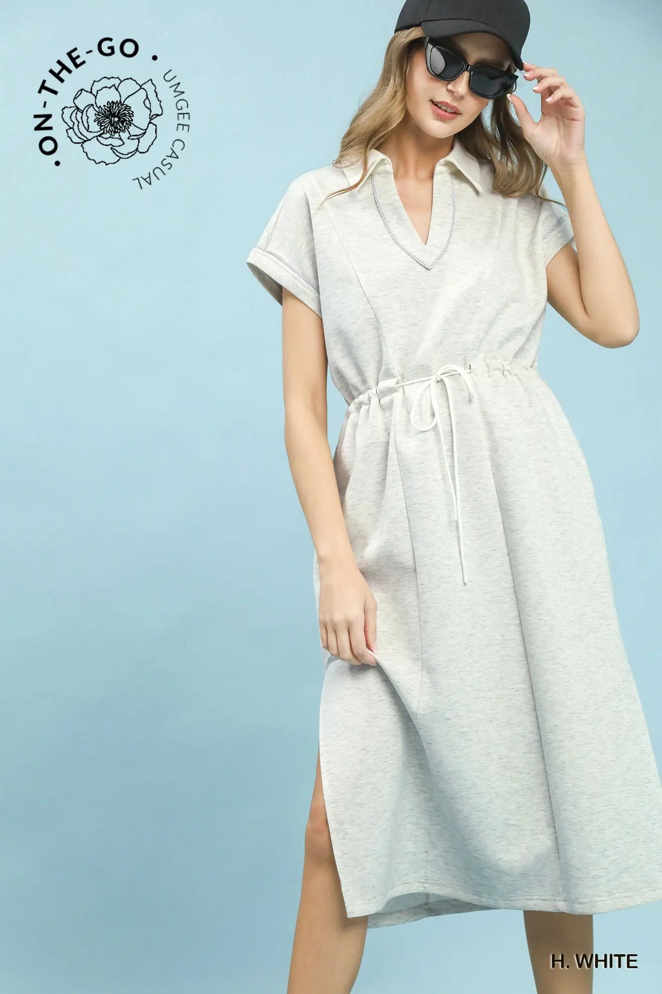 Contrast Trim Collared Midi Dress - Heather White
