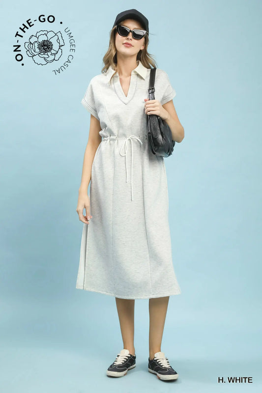 Contrast Trim Collared Midi Dress - Heather White