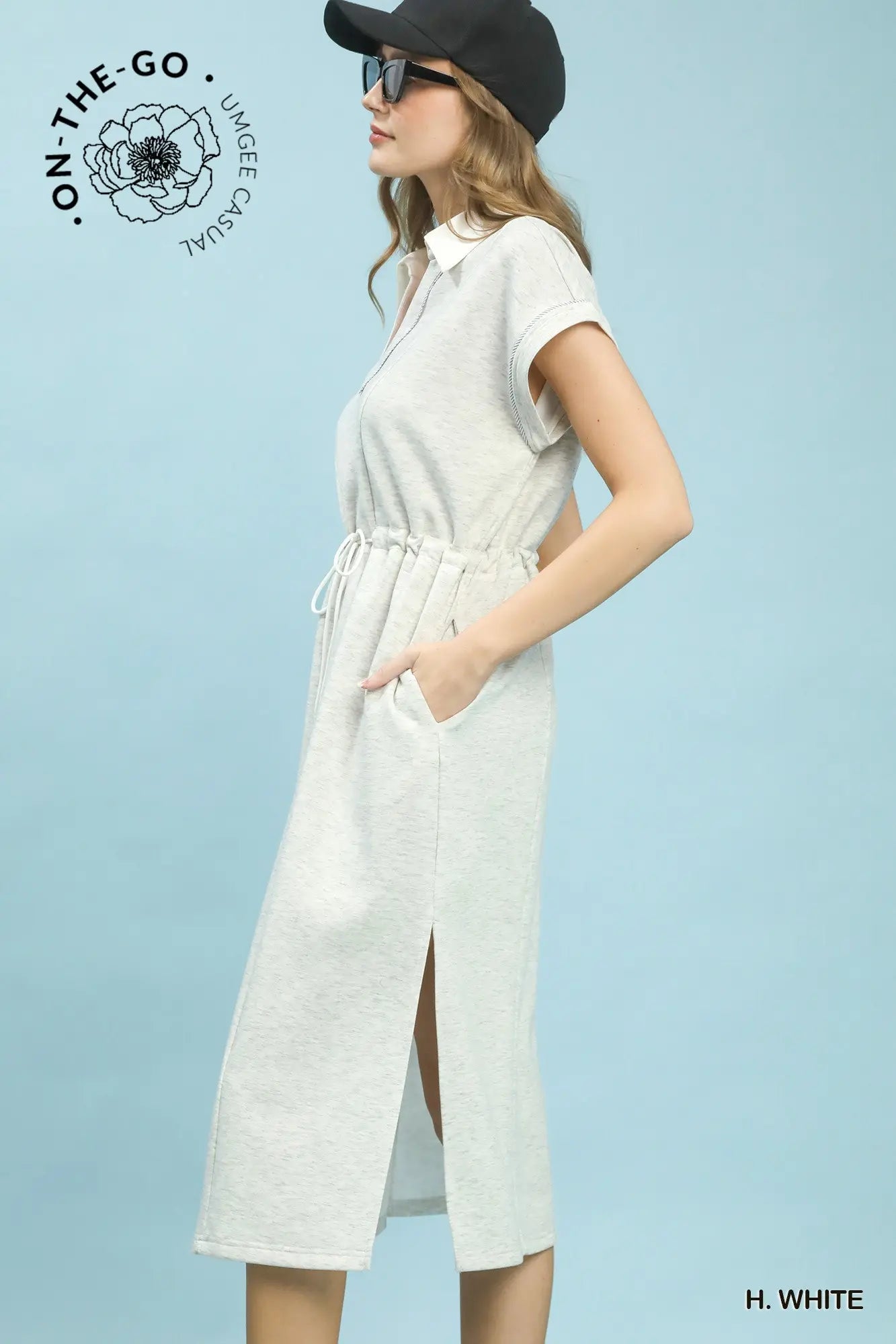Contrast Trim Collared Midi Dress - Heather White