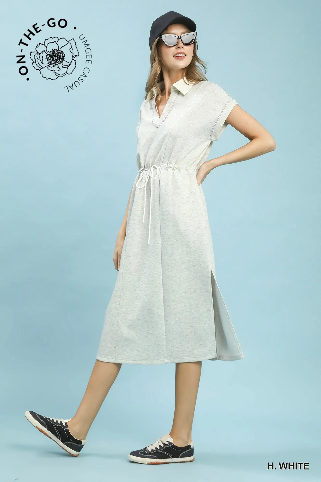 Contrast Trim Collared Midi Dress - Heather White