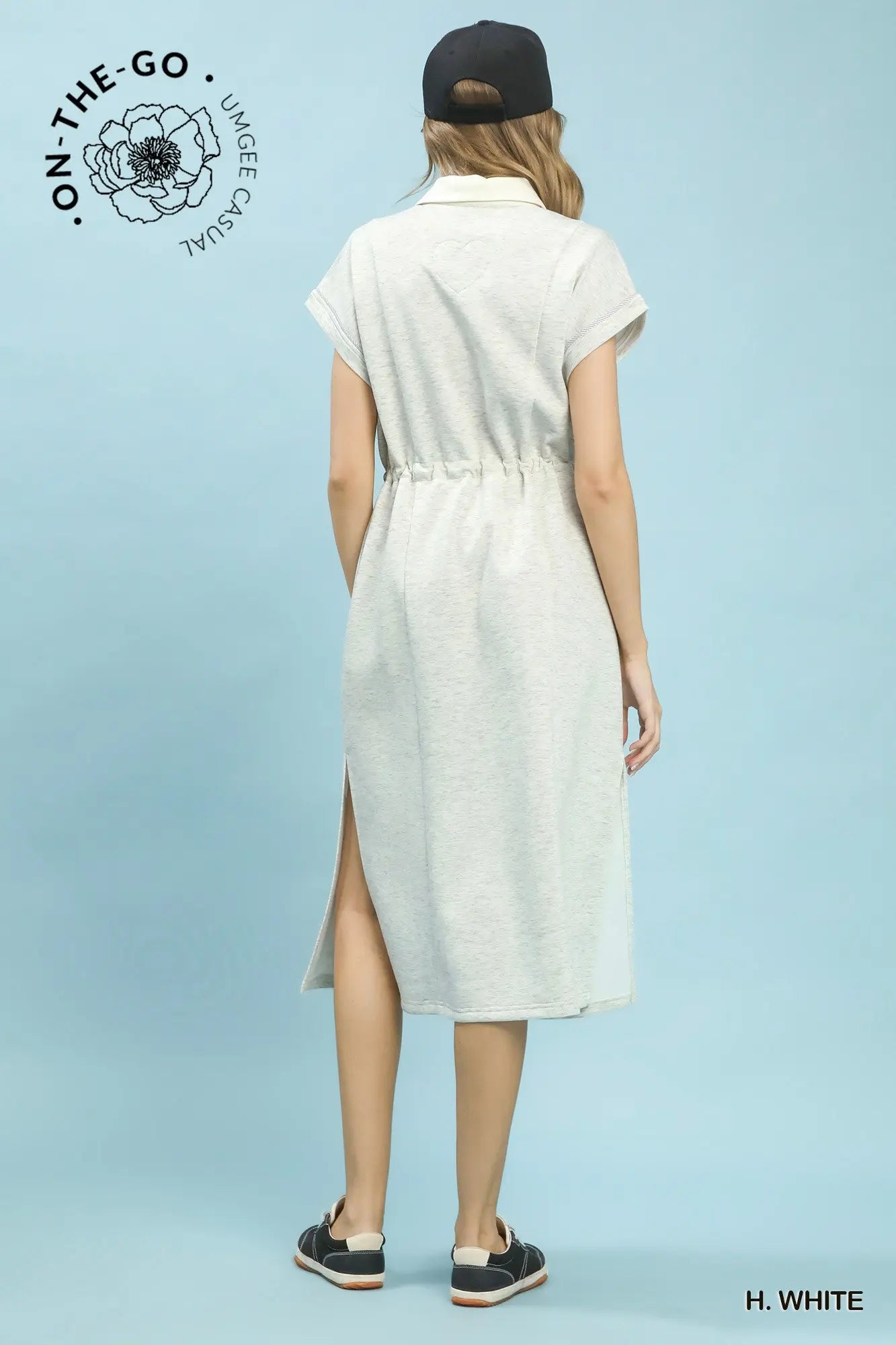 Contrast Trim Collared Midi Dress - Heather White