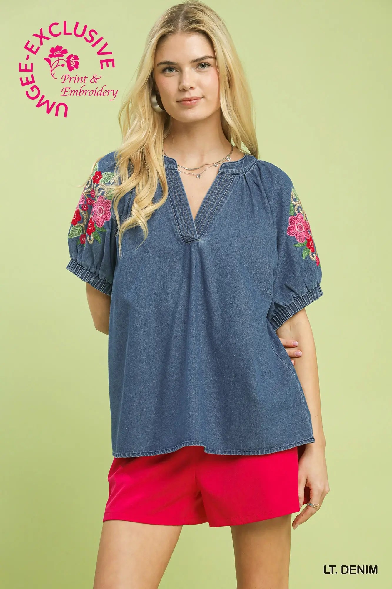 Denim Embroidered Puff Sleeve Boho Top
