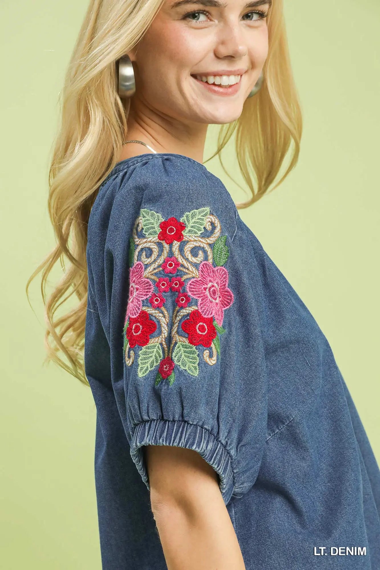 Denim Embroidered Puff Sleeve Boho Top