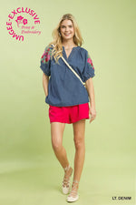 Denim Embroidered Puff Sleeve Boho Top