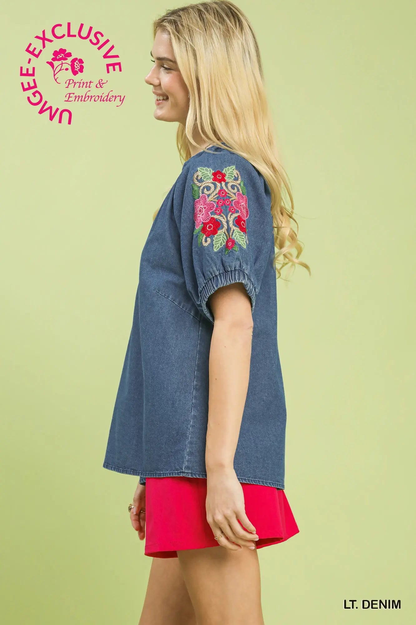 Denim Embroidered Puff Sleeve Boho Top
