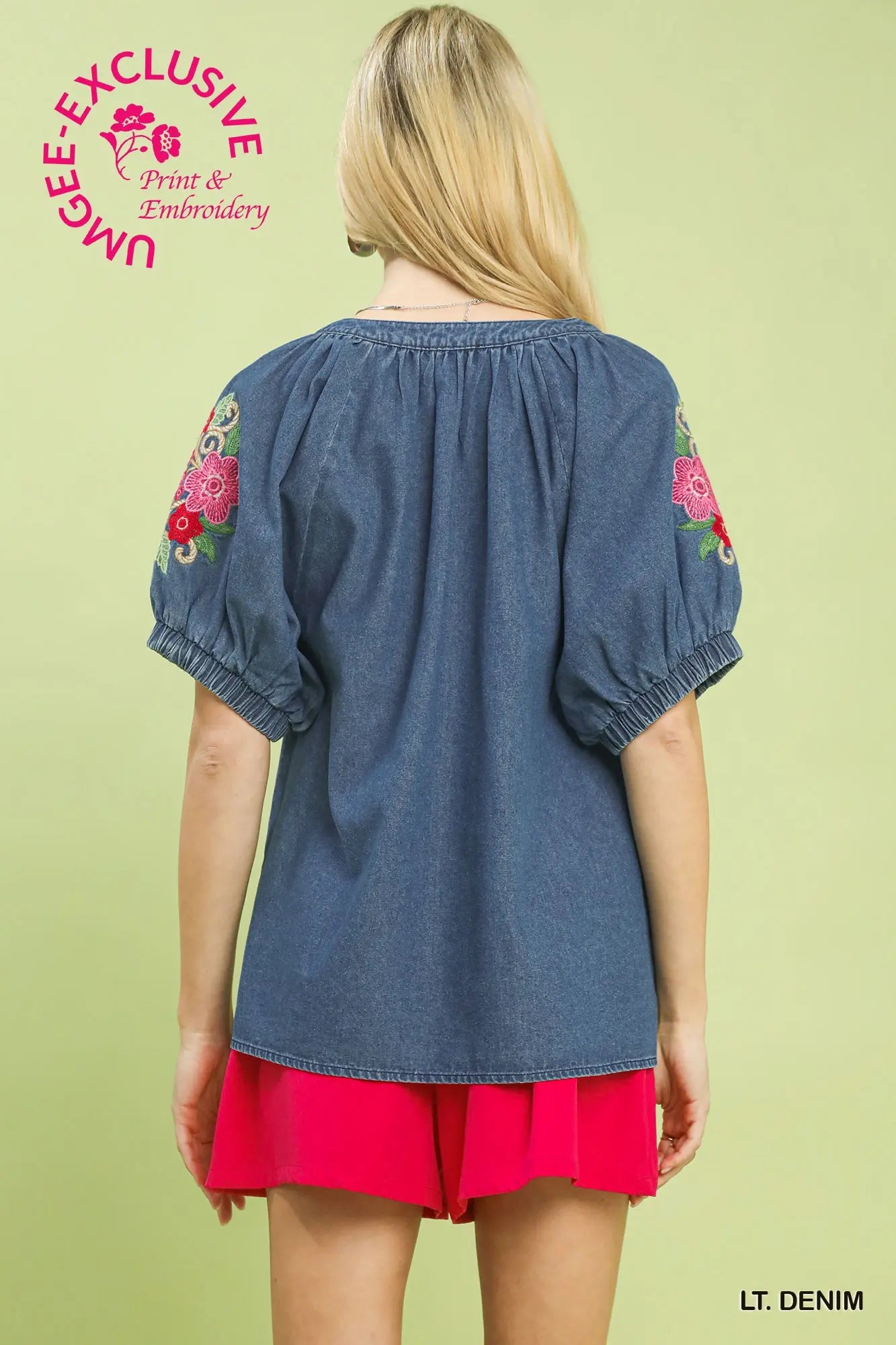 Denim Embroidered Puff Sleeve Boho Top