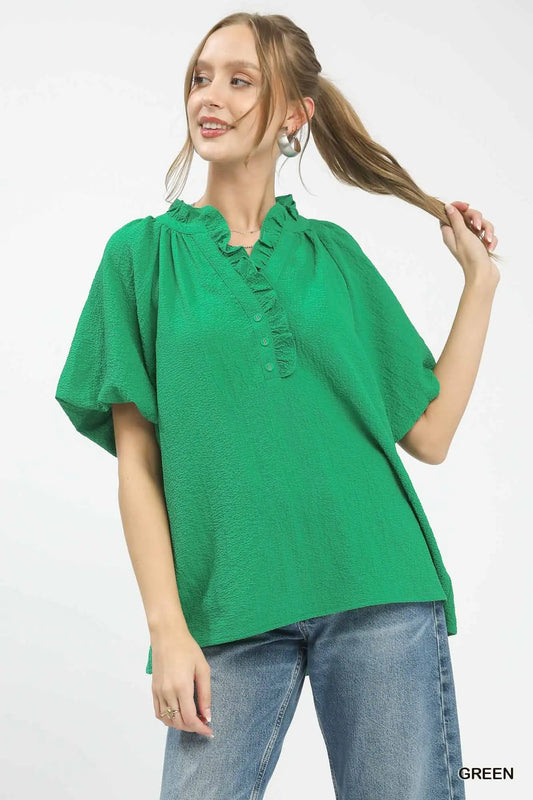 Ruffle Neck Tunic Top - Green