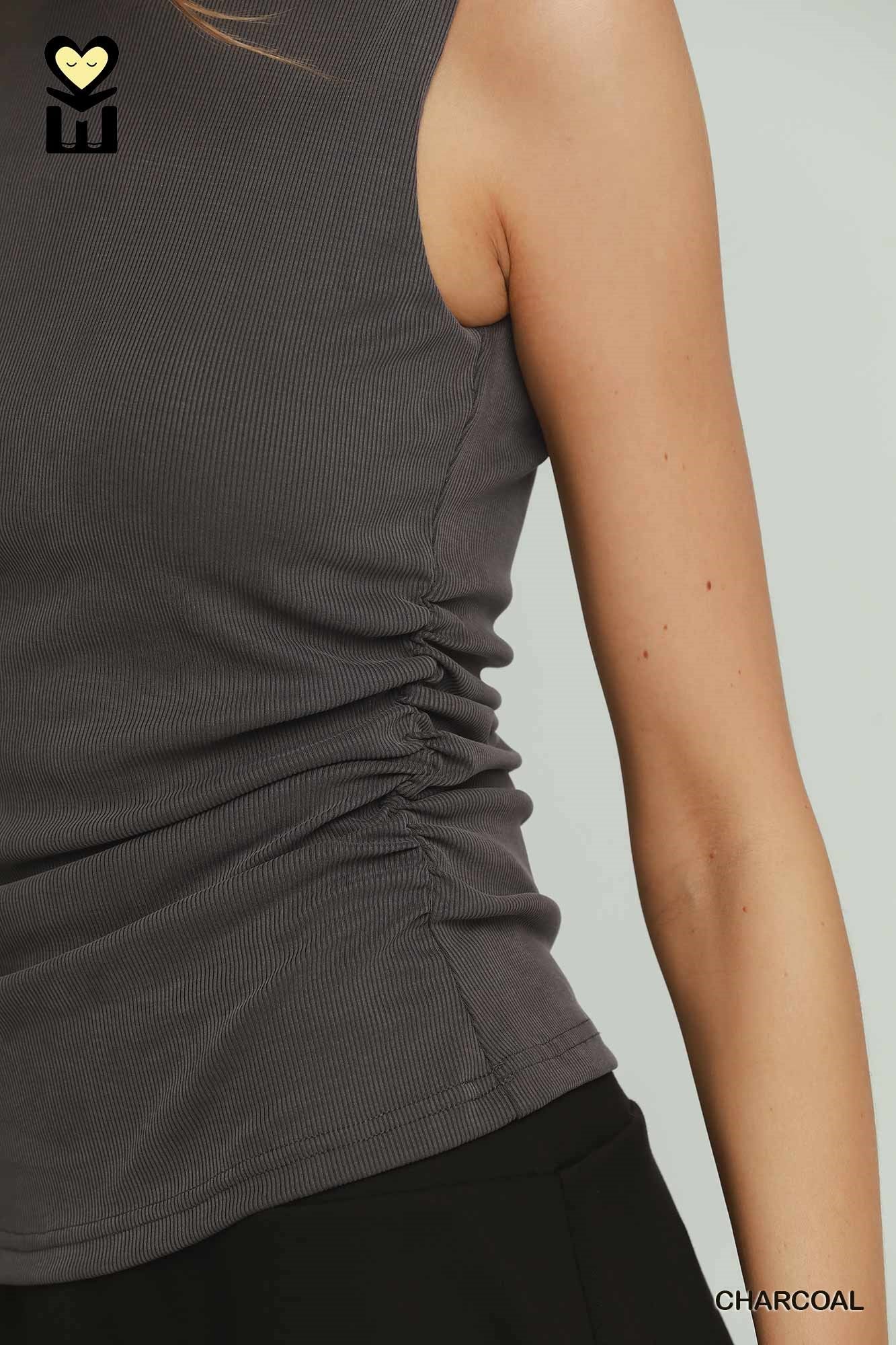 Select Ribbed Ruched Tank: Charcoal