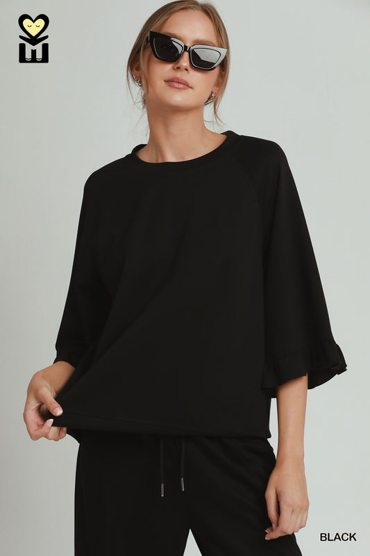 Lite Ruffle 3/4 Sleeve- Black