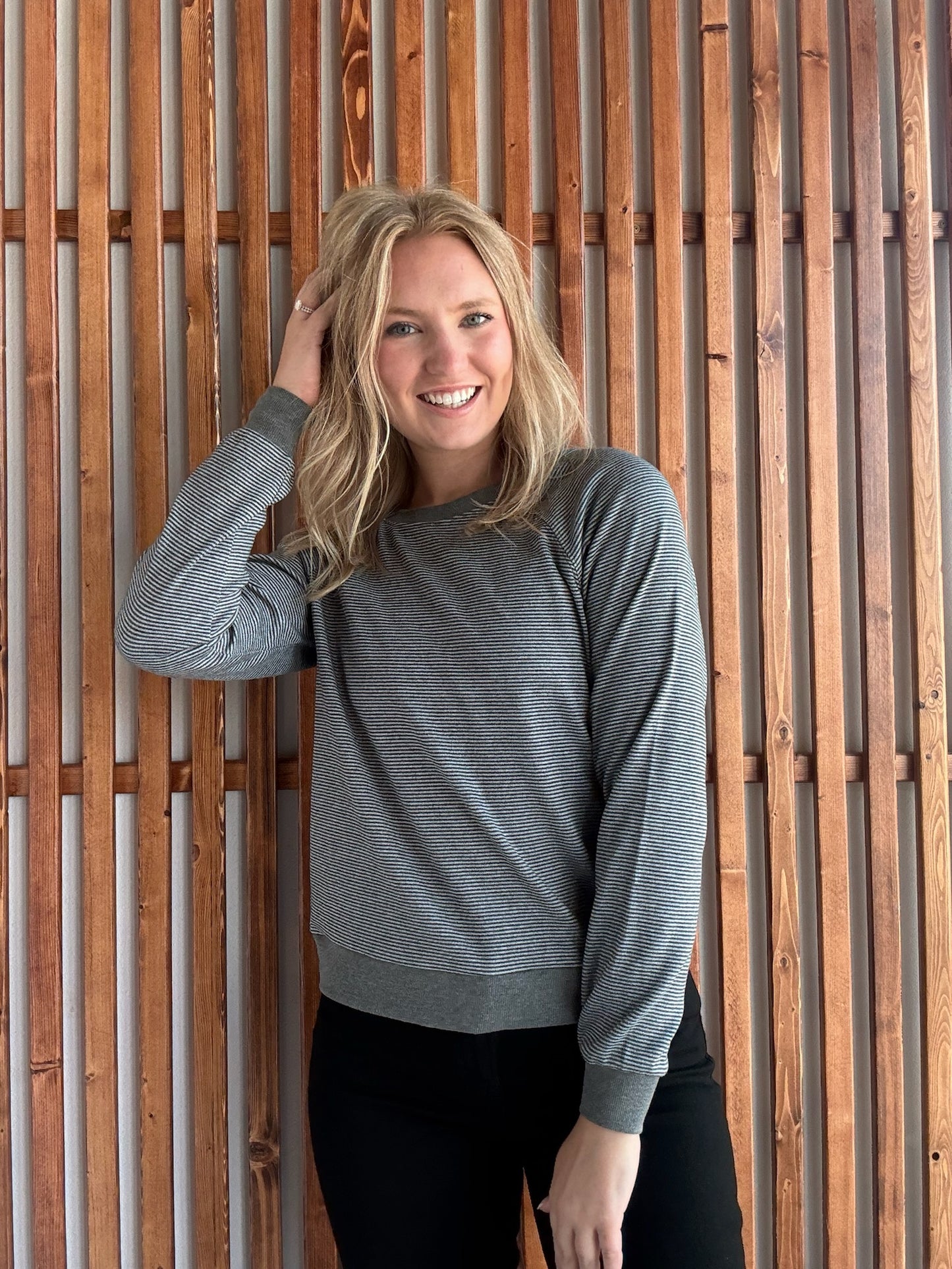 Crew Neck Pinstriped Top- Grey