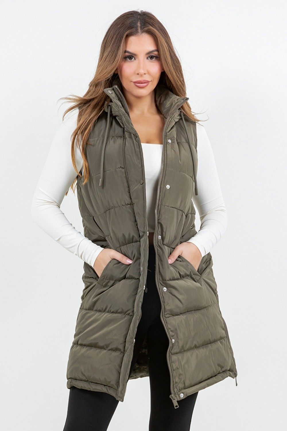 Hooded Puff Long Vest with Faux Fur Lining - Olive