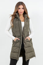 Hooded Puff Long Vest with Faux Fur Lining - Olive