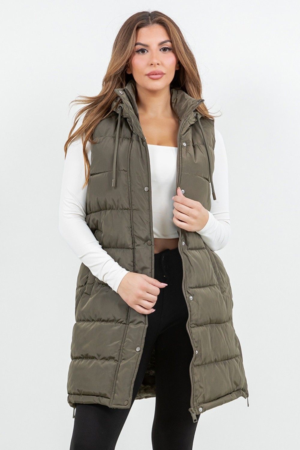 Hooded Puff Long Vest with Faux Fur Lining - Olive