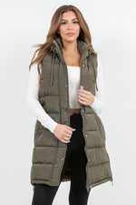 Hooded Puff Long Vest with Faux Fur Lining - Olive