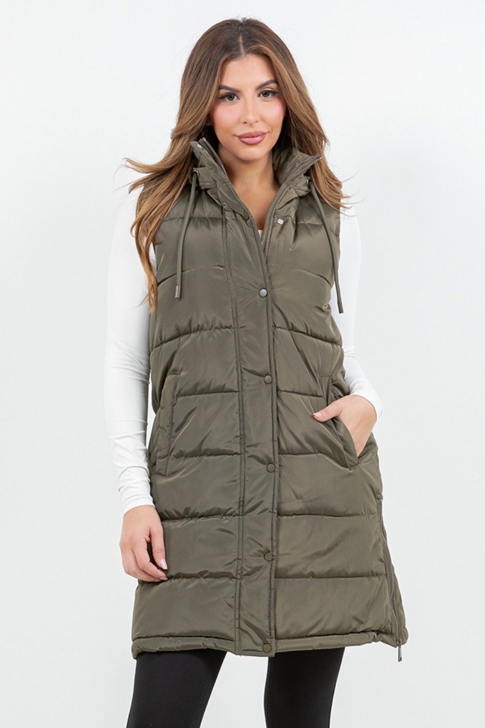 Hooded Puff Long Vest with Faux Fur Lining - Olive