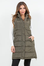 Hooded Puff Long Vest with Faux Fur Lining - Olive
