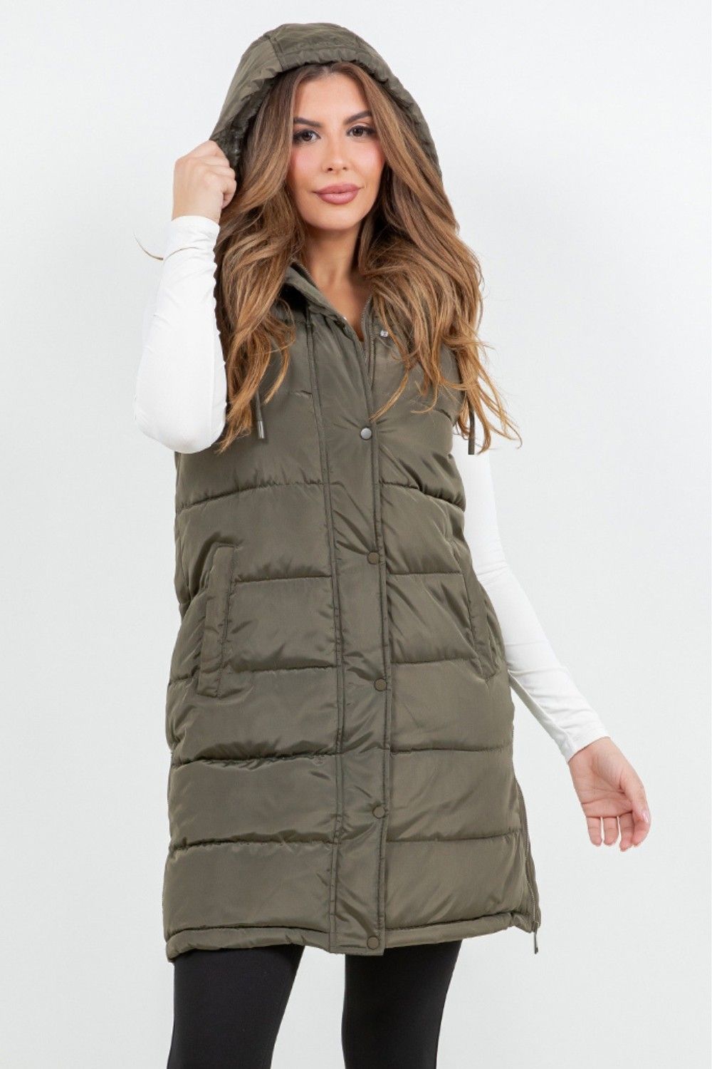 Hooded Puff Long Vest with Faux Fur Lining - Olive