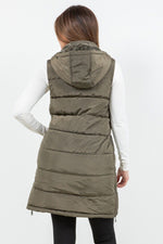 Hooded Puff Long Vest with Faux Fur Lining - Olive