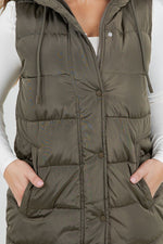 Hooded Puff Long Vest with Faux Fur Lining - Olive