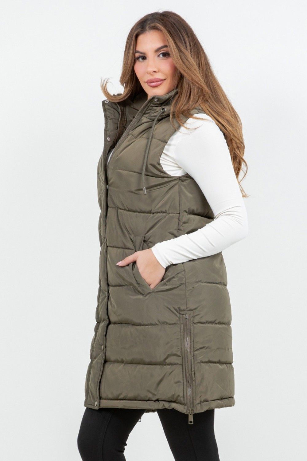 Hooded Puff Long Vest with Faux Fur Lining - Olive