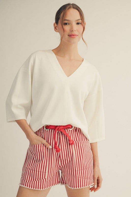 Soft V-Neck 3/4 Sleeve Top - Off White