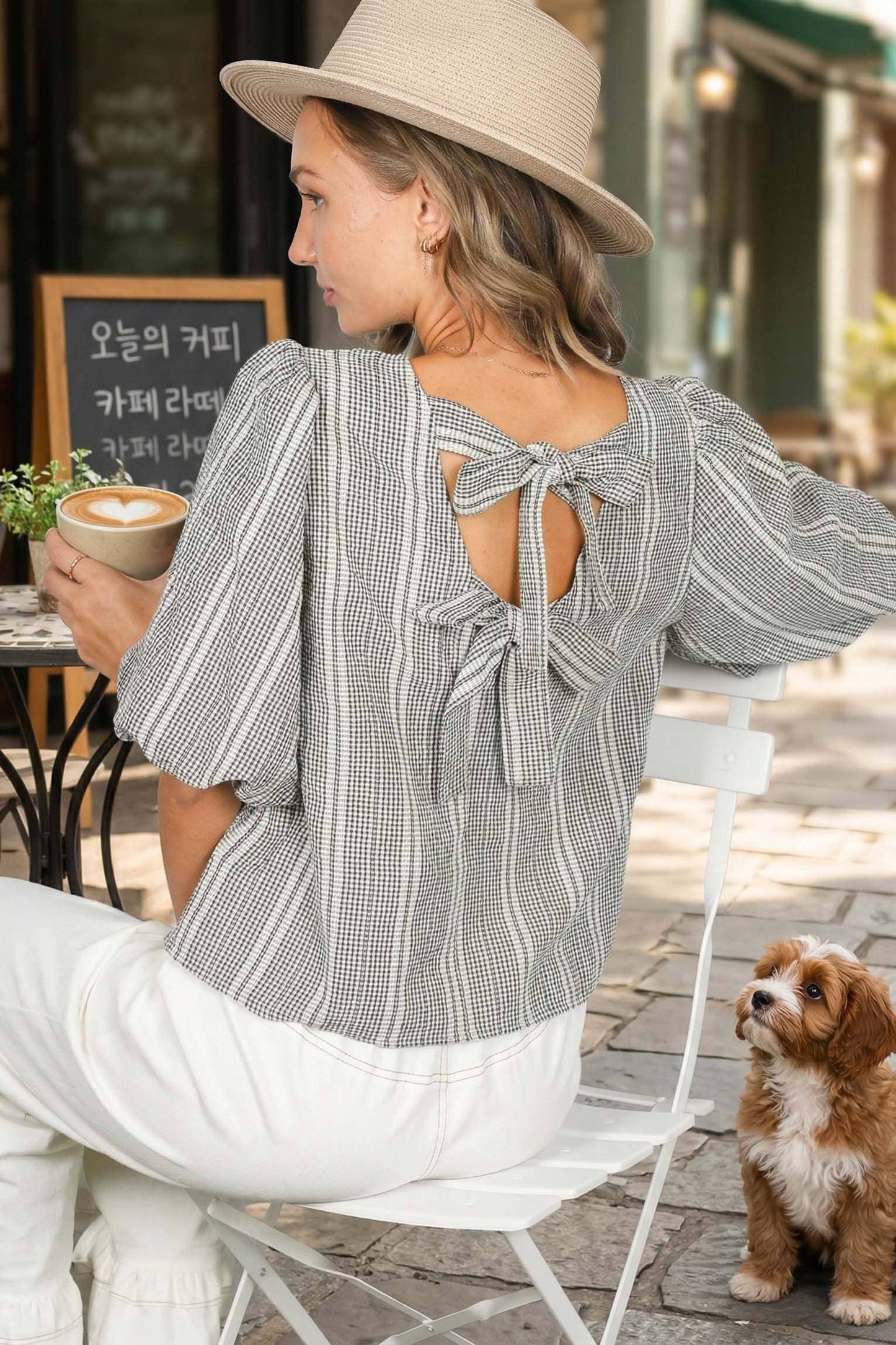 Bow Accent Feminine Plaid Blouse - Black